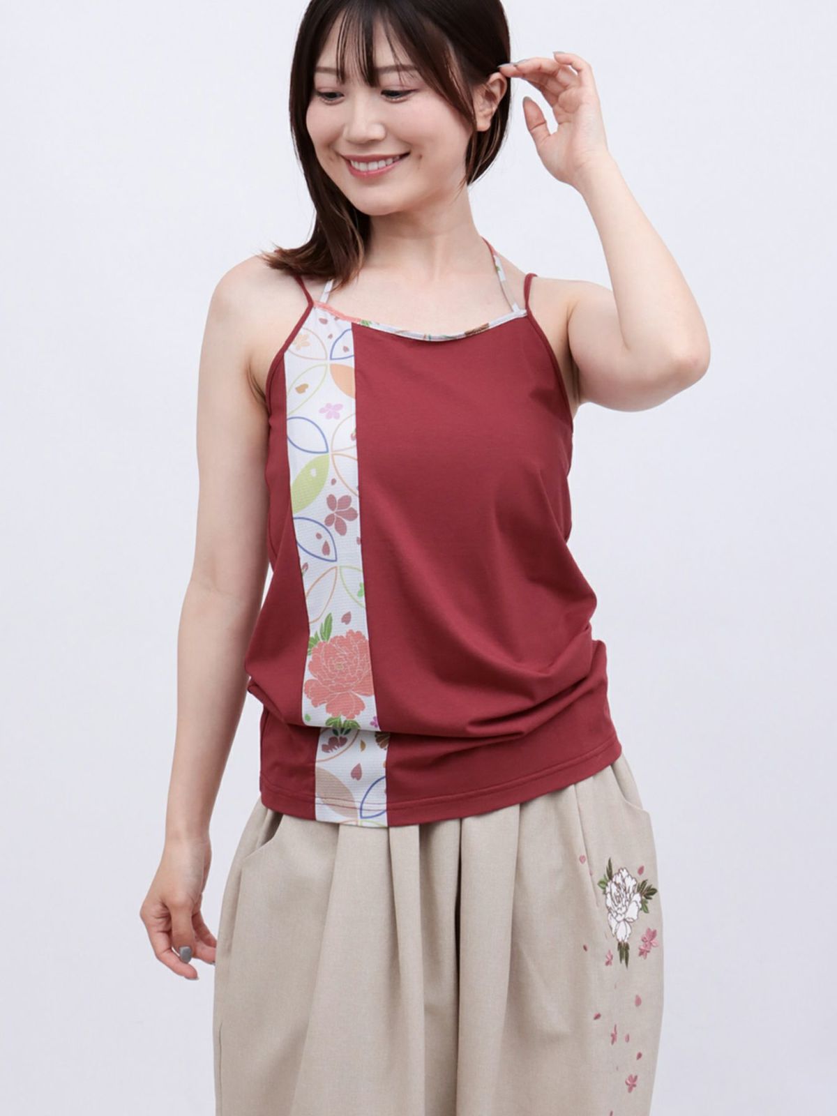 【雅結】和生地切り替え 接触冷感素材ホルターネックキャミソール