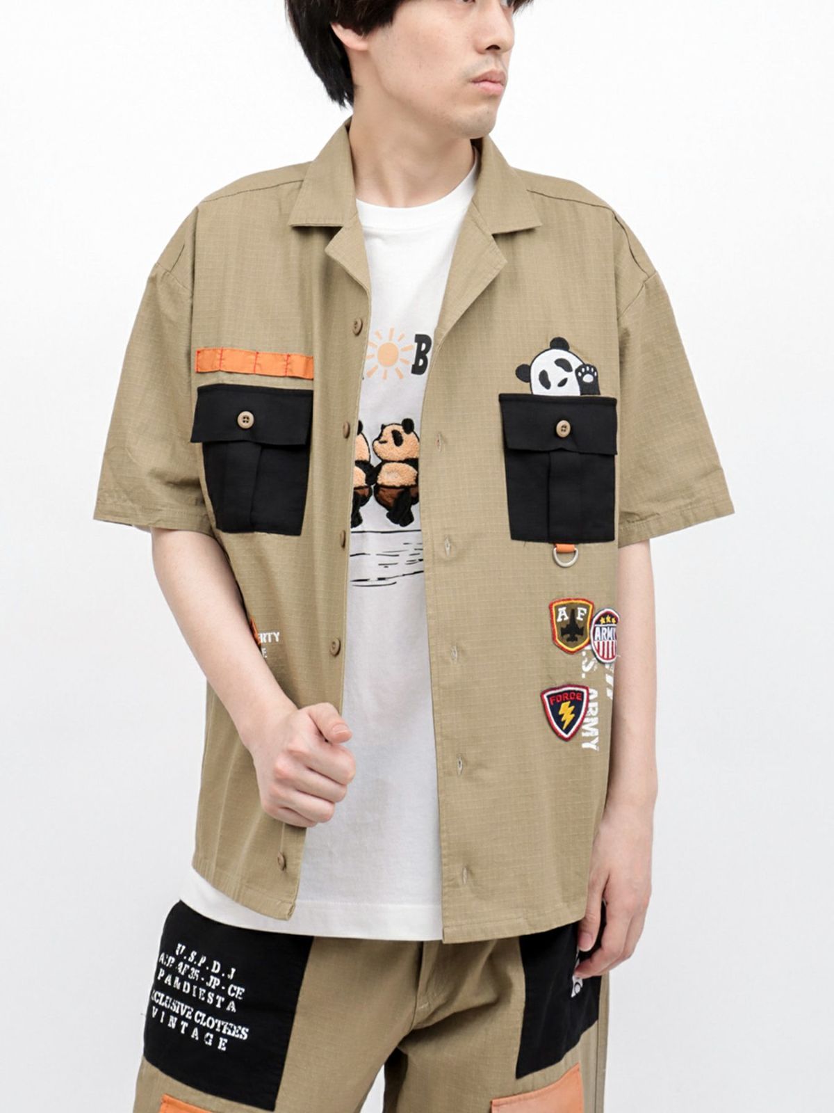 【PANDIESTA JAPAN】ナイロン切替 半袖ミリタリーシャツ