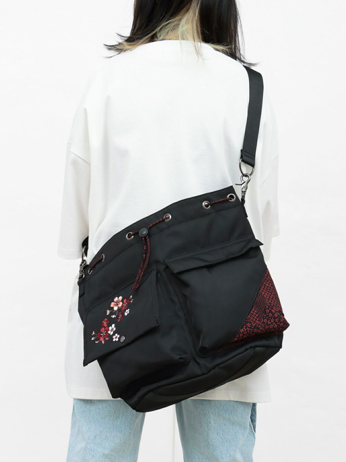 【雅結】桜刺繍 和生地遣い2WAY巾着ショルダーバッグ