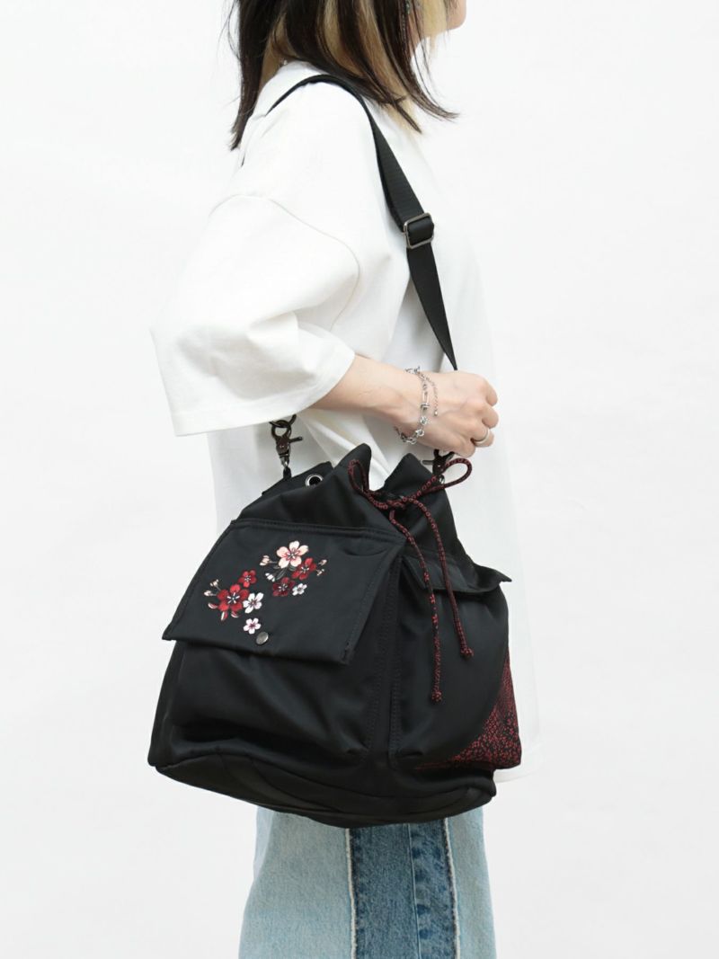 【雅結】桜刺繍 和生地遣い2WAY巾着ショルダーバッグ