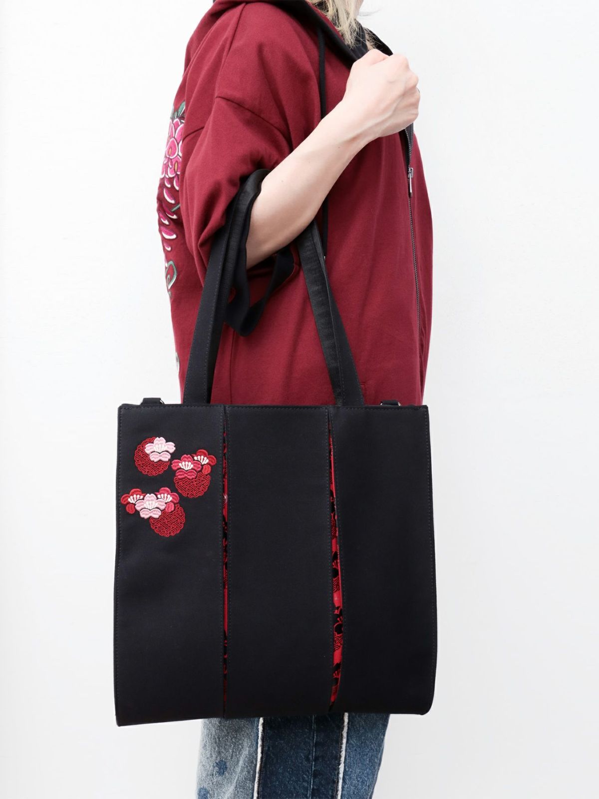 【雅結】桜刺繍 和生地切り替え2WAYタックトートバッグ