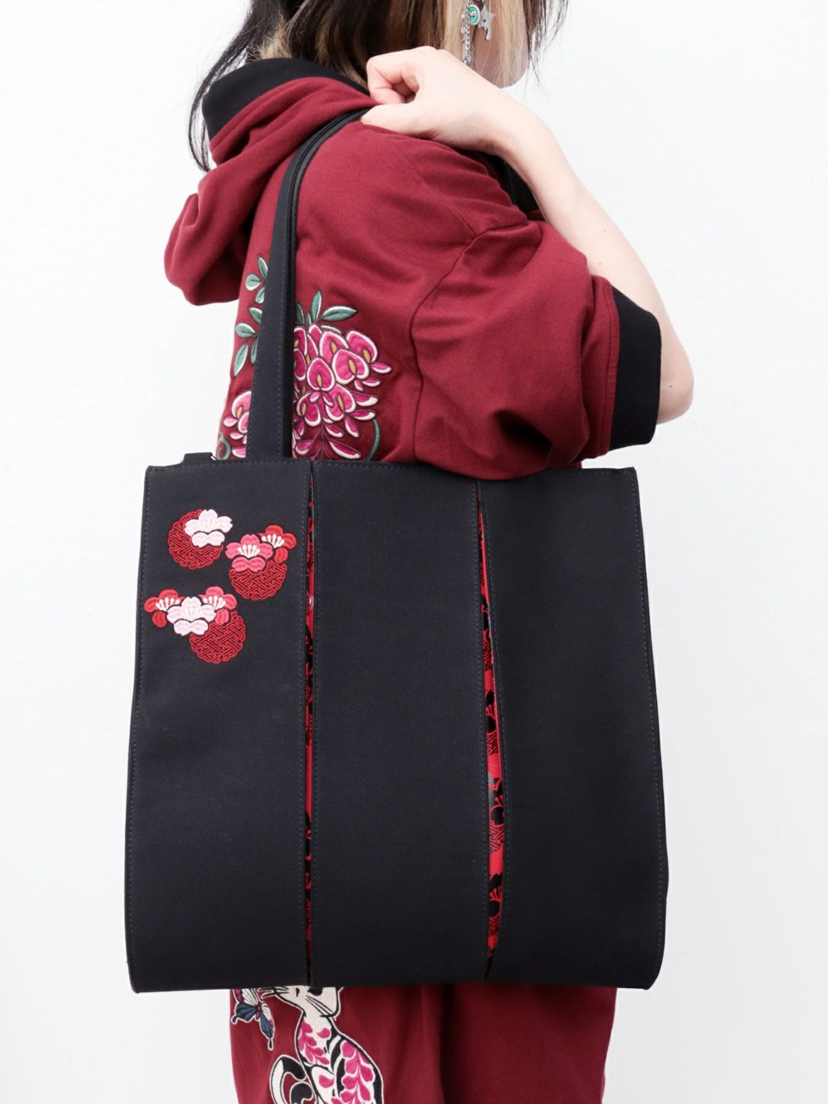 【雅結】桜刺繍 和生地切り替え2WAYタックトートバッグ