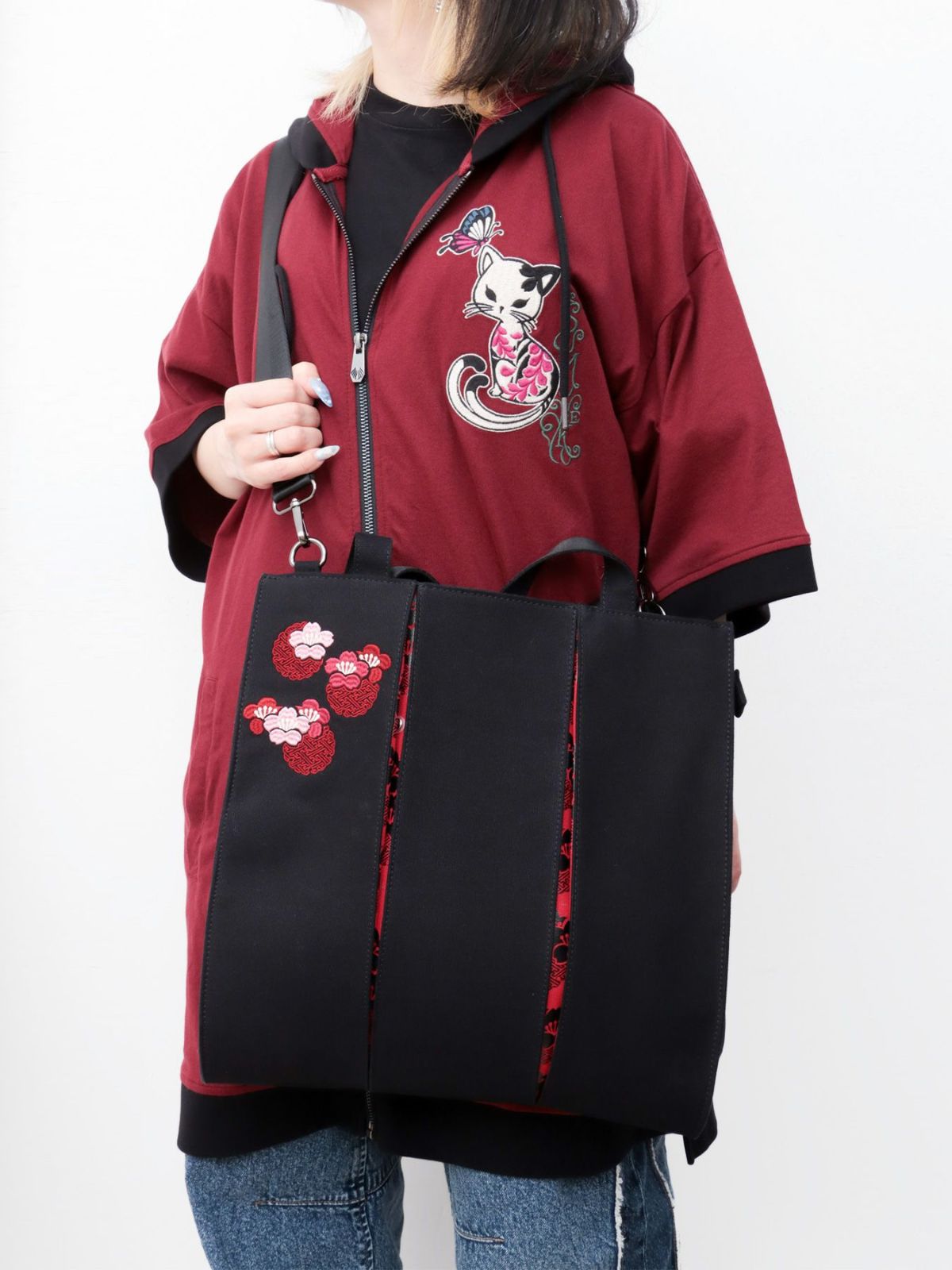 【雅結】桜刺繍 和生地切り替え2WAYタックトートバッグ