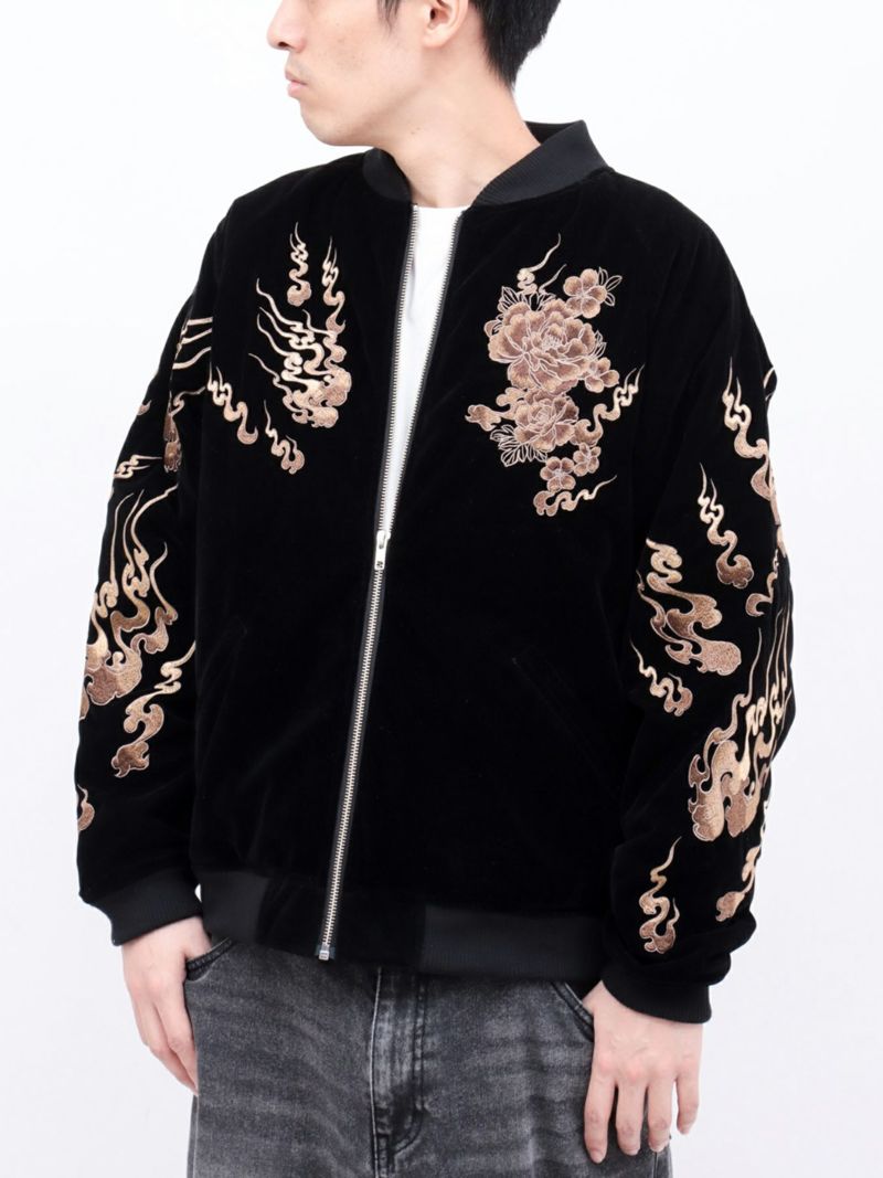 【絡繰魂・粋】“火炎九尾”総刺繍 ベロア素材スカジャン