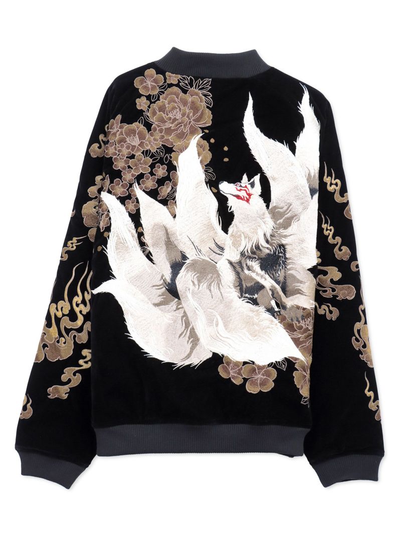 【絡繰魂・粋】“火炎九尾”総刺繍 ベロア素材スカジャン