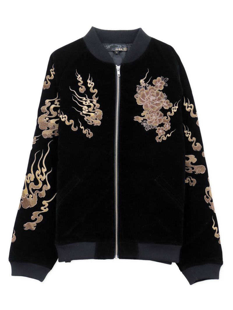 【絡繰魂・粋】“火炎九尾”総刺繍 ベロア素材スカジャン