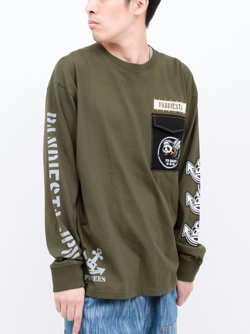 【PANDIESTA JAPAN】“SEA BEES PANDA”刺繍入りミリタリーロンT