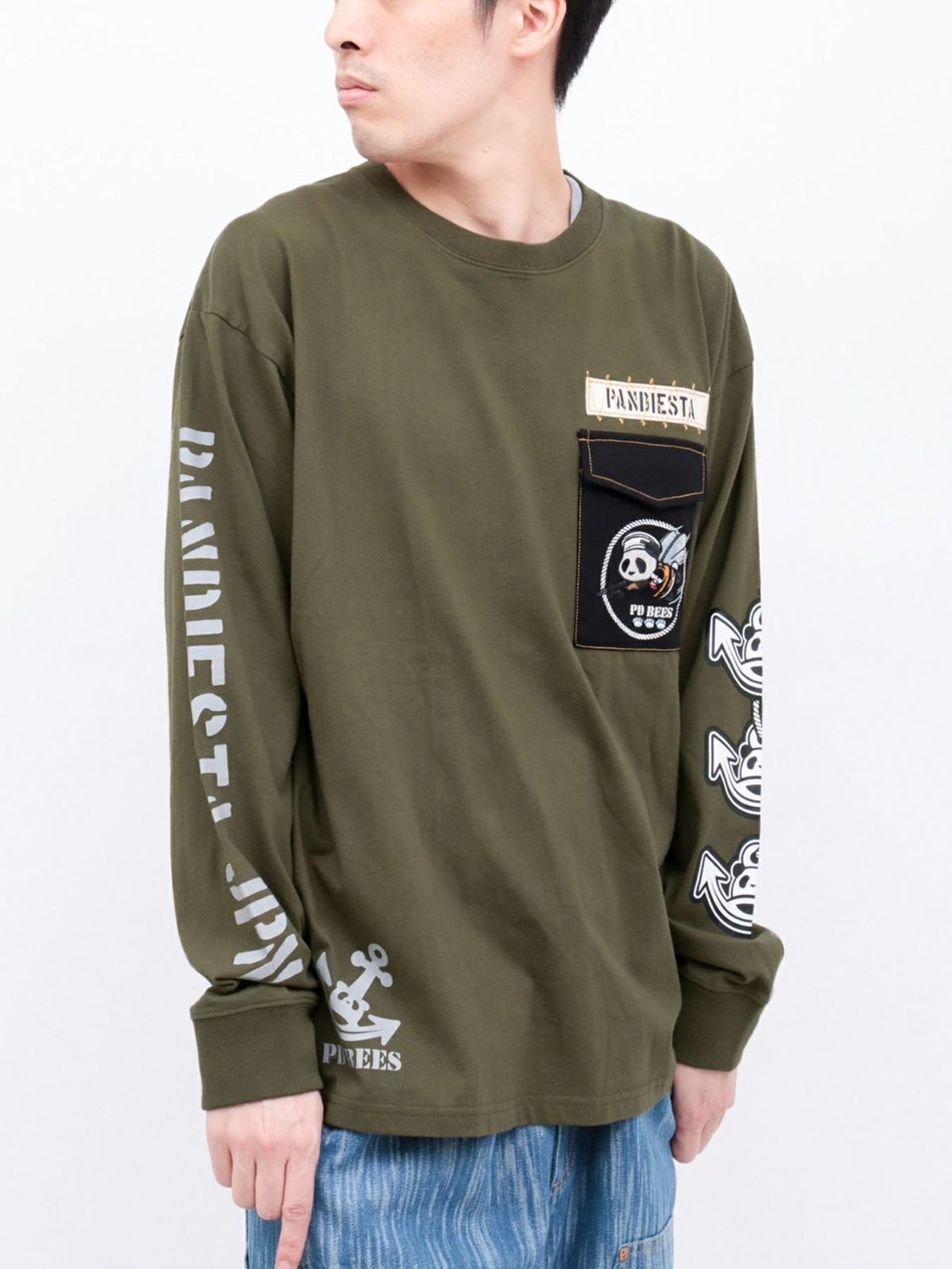 【PANDIESTA JAPAN】“SEA BEES PANDA”刺繍入りミリタリーロンT