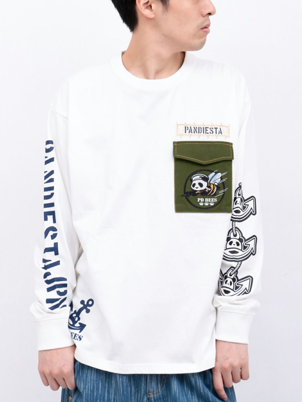 【PANDIESTA JAPAN】“SEA BEES PANDA”刺繍入りミリタリーロンT