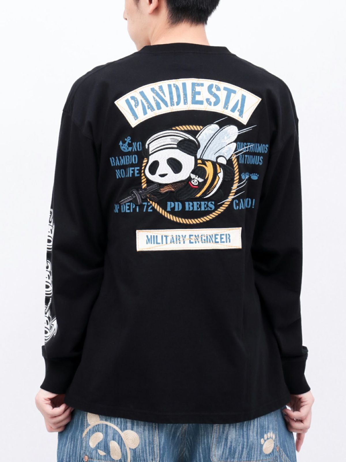【PANDIESTA JAPAN】“SEA BEES PANDA”刺繍入りミリタリーロンT