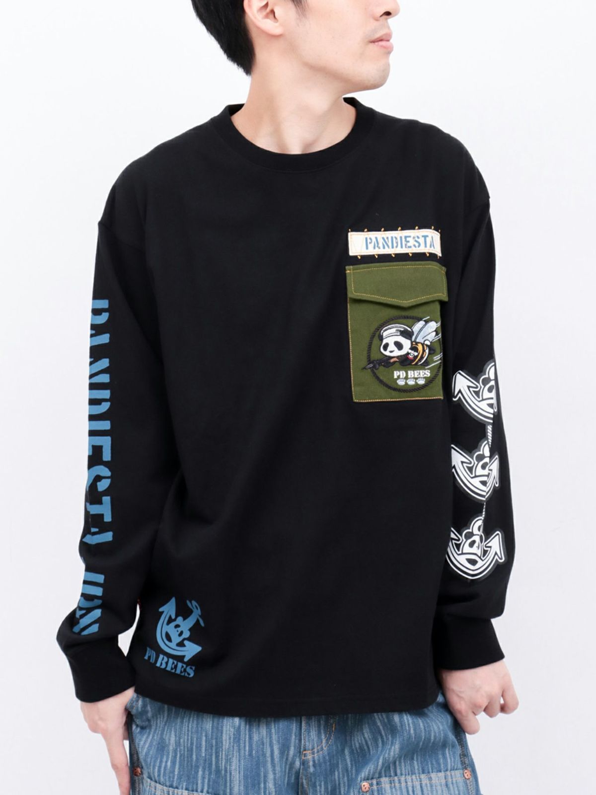 【PANDIESTA JAPAN】“SEA BEES PANDA”刺繍入りミリタリーロンT