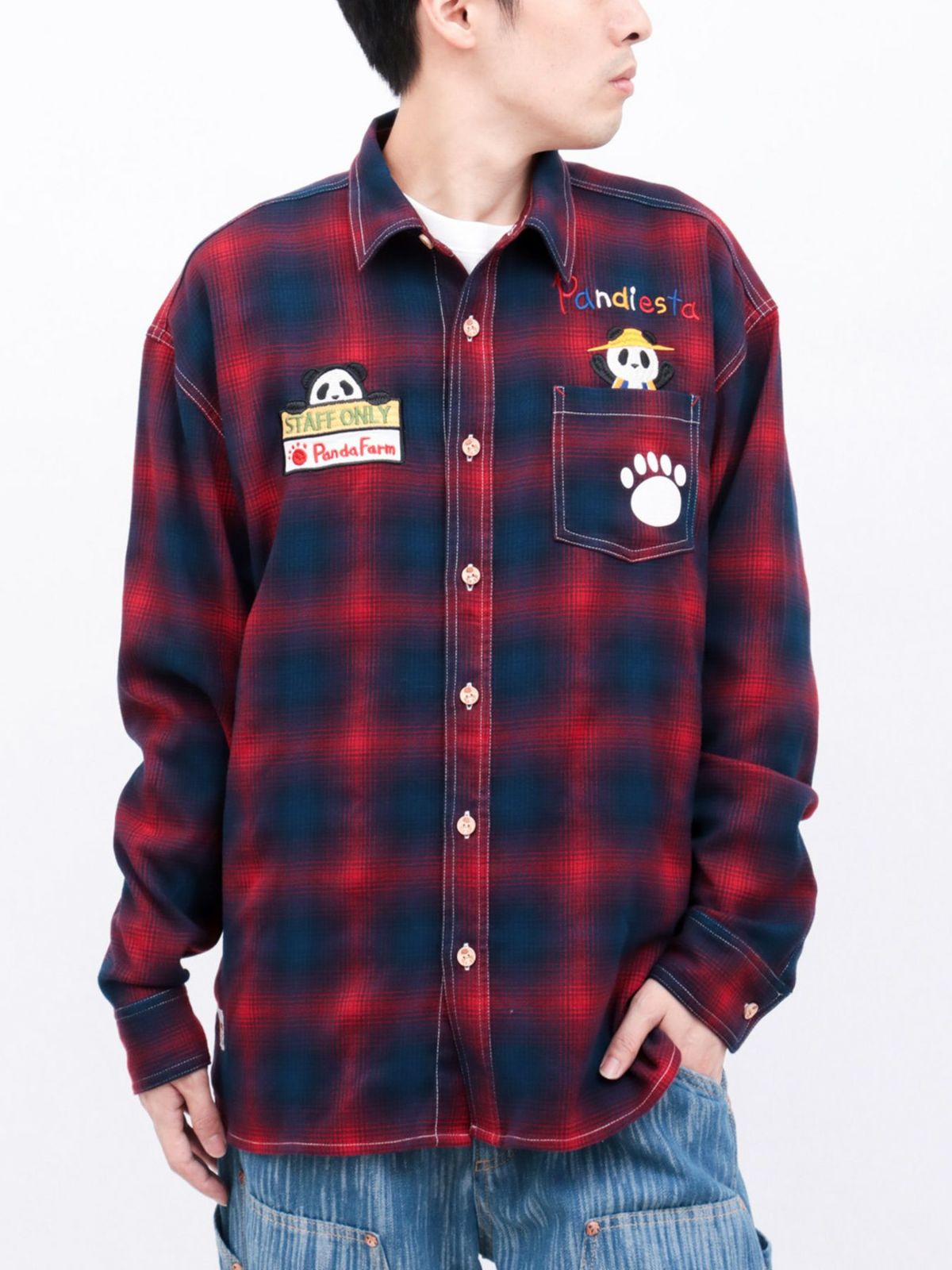 【PANDIESTA JAPAN】“ファーマーズパンダ”刺繍入りオンブレチェックシャツ