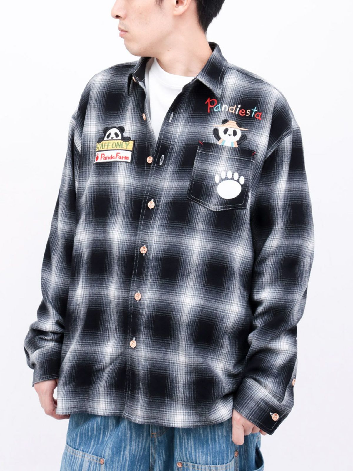 【PANDIESTA JAPAN】“ファーマーズパンダ”刺繍入りオンブレチェックシャツ