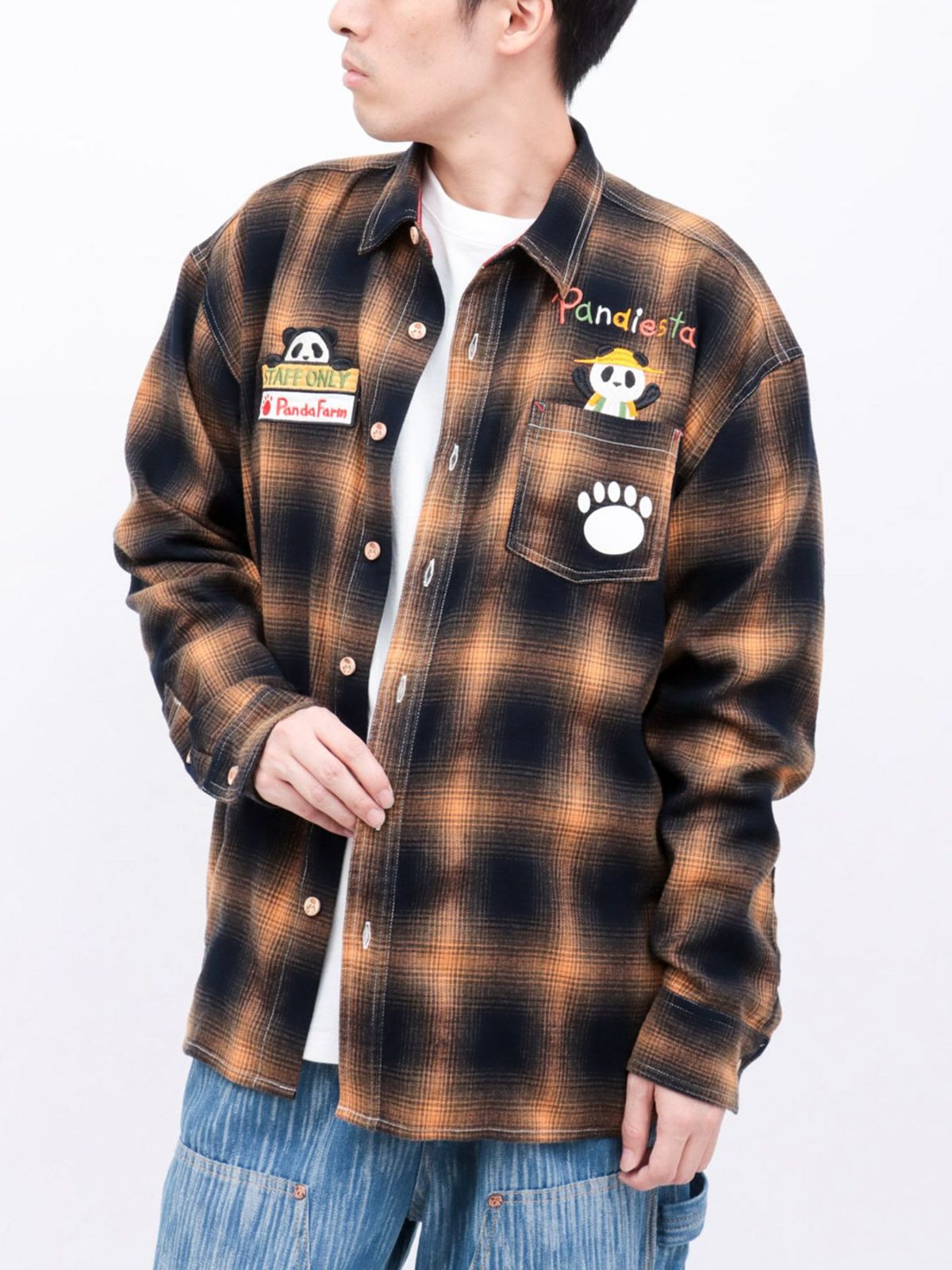 【PANDIESTA JAPAN】“ファーマーズパンダ”刺繍入りオンブレチェックシャツ