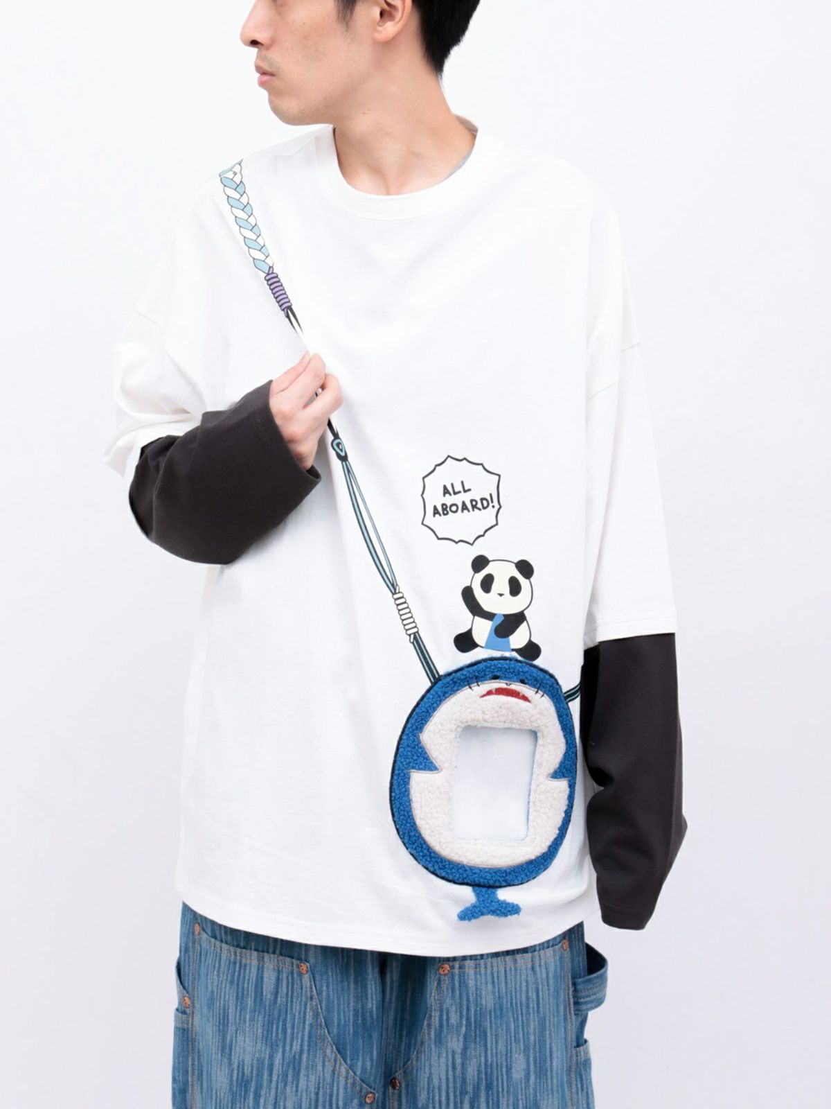 【PANDIESTA JAPAN】サメ型スマホショルダーBAG風ポケット付きフェイクレイヤードBIGロンT