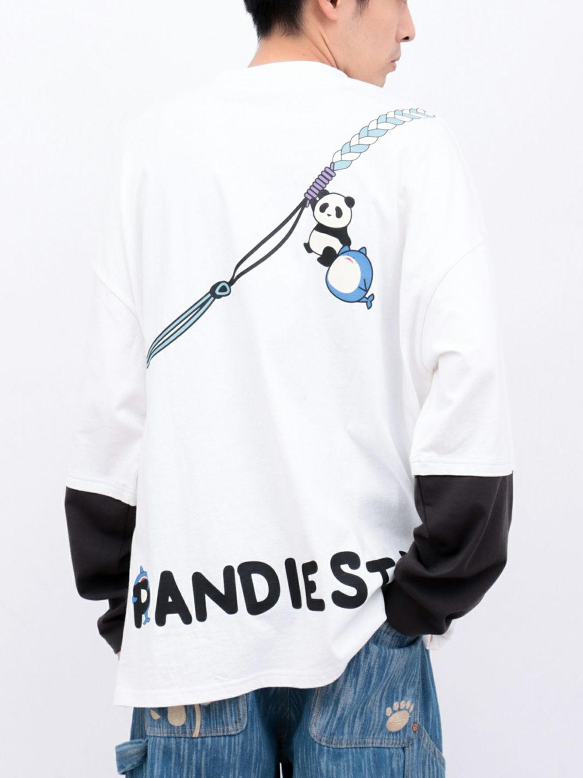 【PANDIESTA JAPAN】サメ型スマホショルダーBAG風ポケット付きフェイクレイヤードBIGロンT
