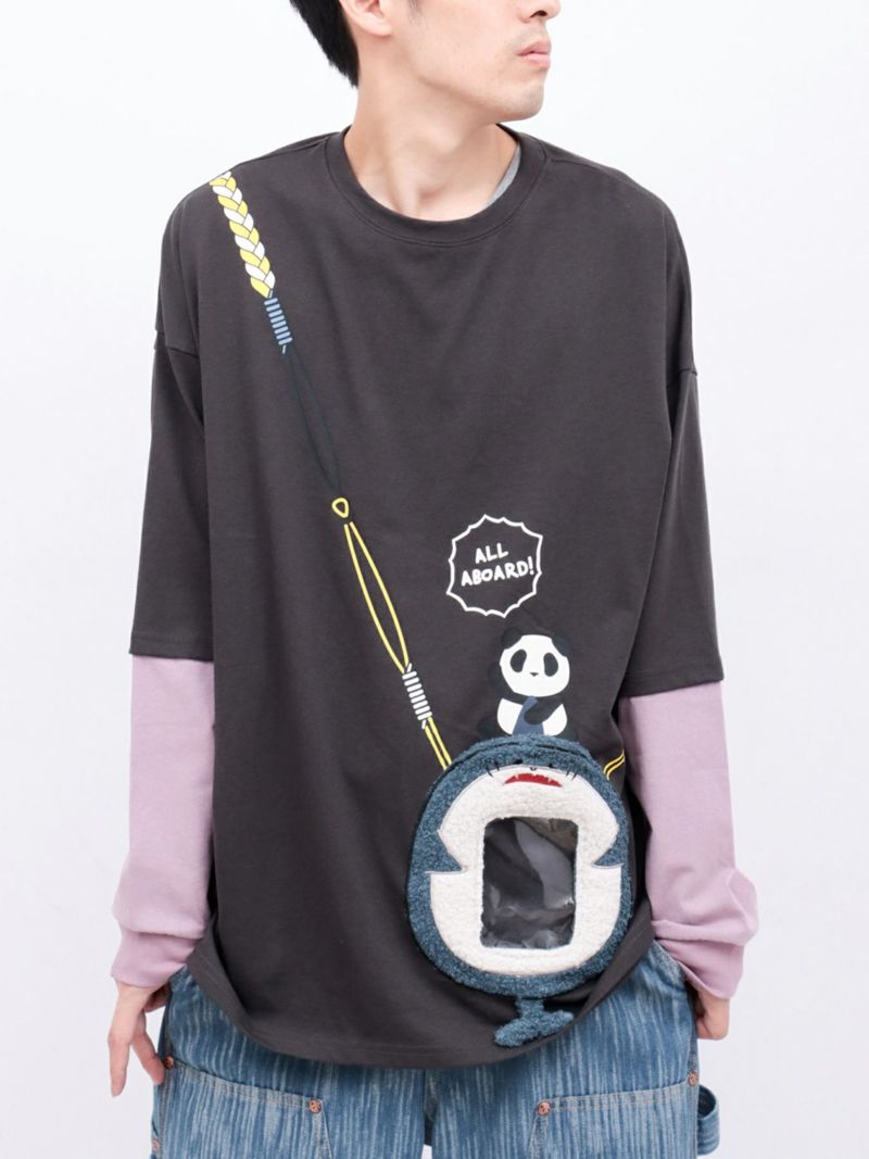 【PANDIESTA JAPAN】サメ型スマホショルダーBAG風ポケット付きフェイクレイヤードBIGロンT