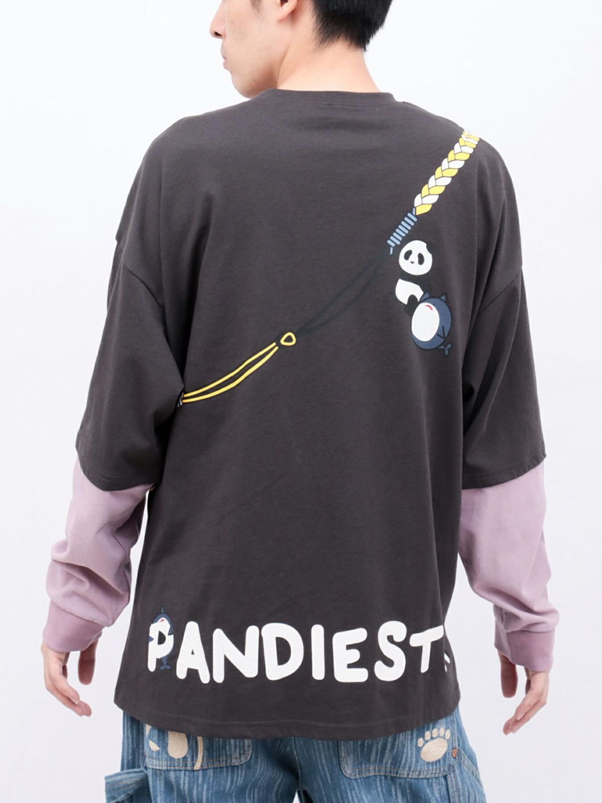 【PANDIESTA JAPAN】サメ型スマホショルダーBAG風ポケット付きフェイクレイヤードBIGロンT