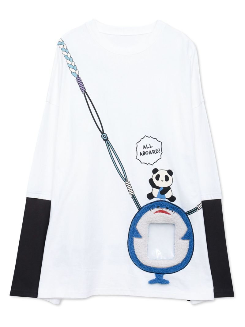 【PANDIESTA JAPAN】サメ型スマホショルダーBAG風ポケット付きフェイクレイヤードBIGロンT