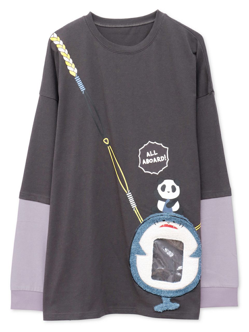 【PANDIESTA JAPAN】サメ型スマホショルダーBAG風ポケット付きフェイクレイヤードBIGロンT