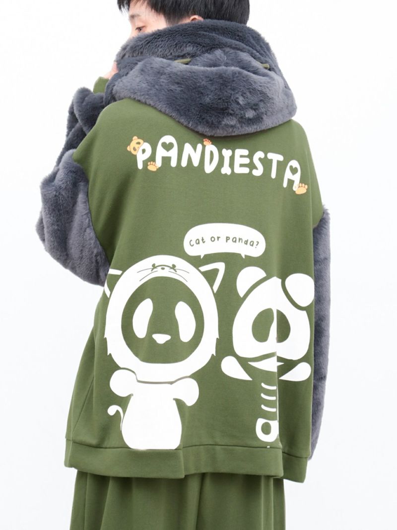 【PANDIESTA JAPAN】“ネコパンダハーフBONES”フェイクファー切替ZIPパーカー