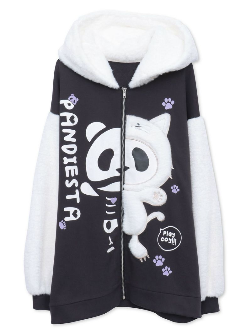 【PANDIESTA JAPAN】“ネコパンダハーフBONES”フェイクファー切替ZIPパーカー