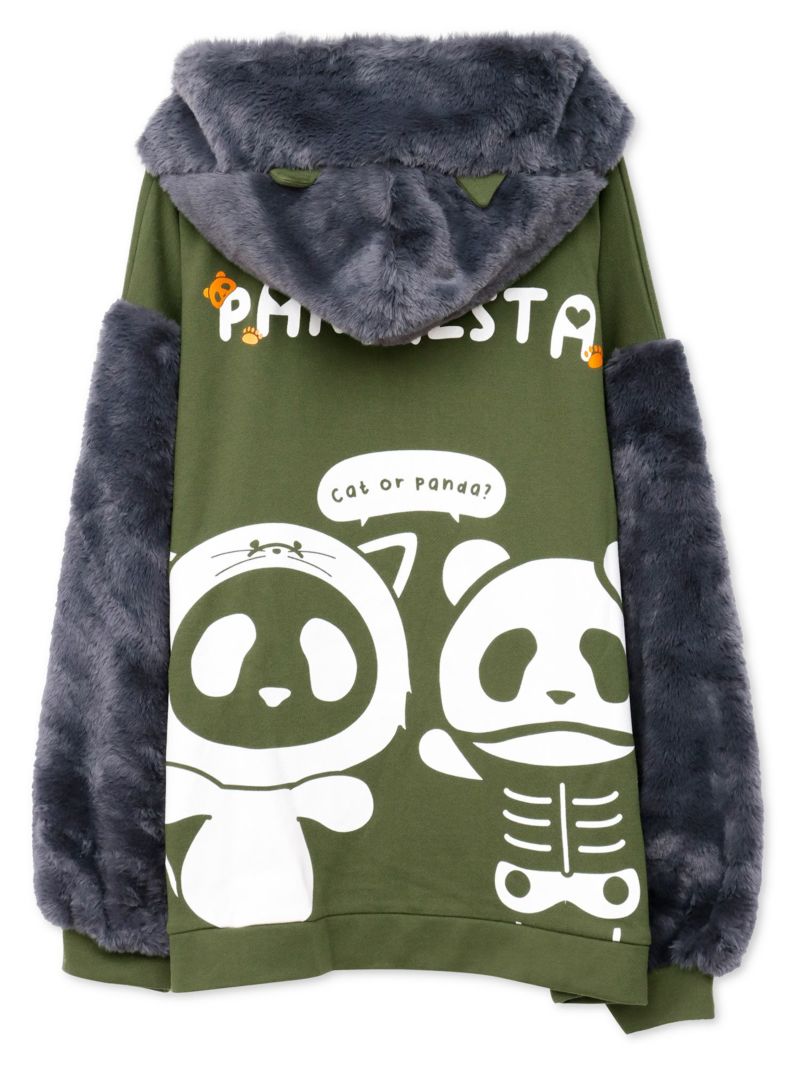 【PANDIESTA JAPAN】“ネコパンダハーフBONES”フェイクファー切替ZIPパーカー