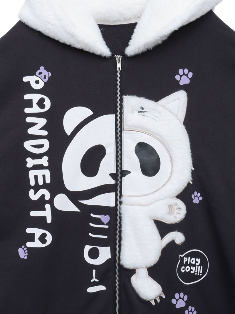 【PANDIESTA JAPAN】“ネコパンダハーフBONES”フェイクファー切替ZIPパーカー