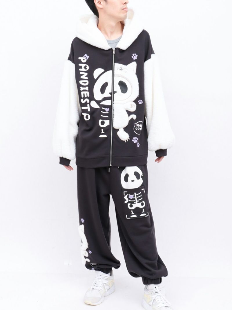 【PANDIESTA JAPAN】“ネコパンダハーフBONES”フェイクファー切替ZIPパーカー