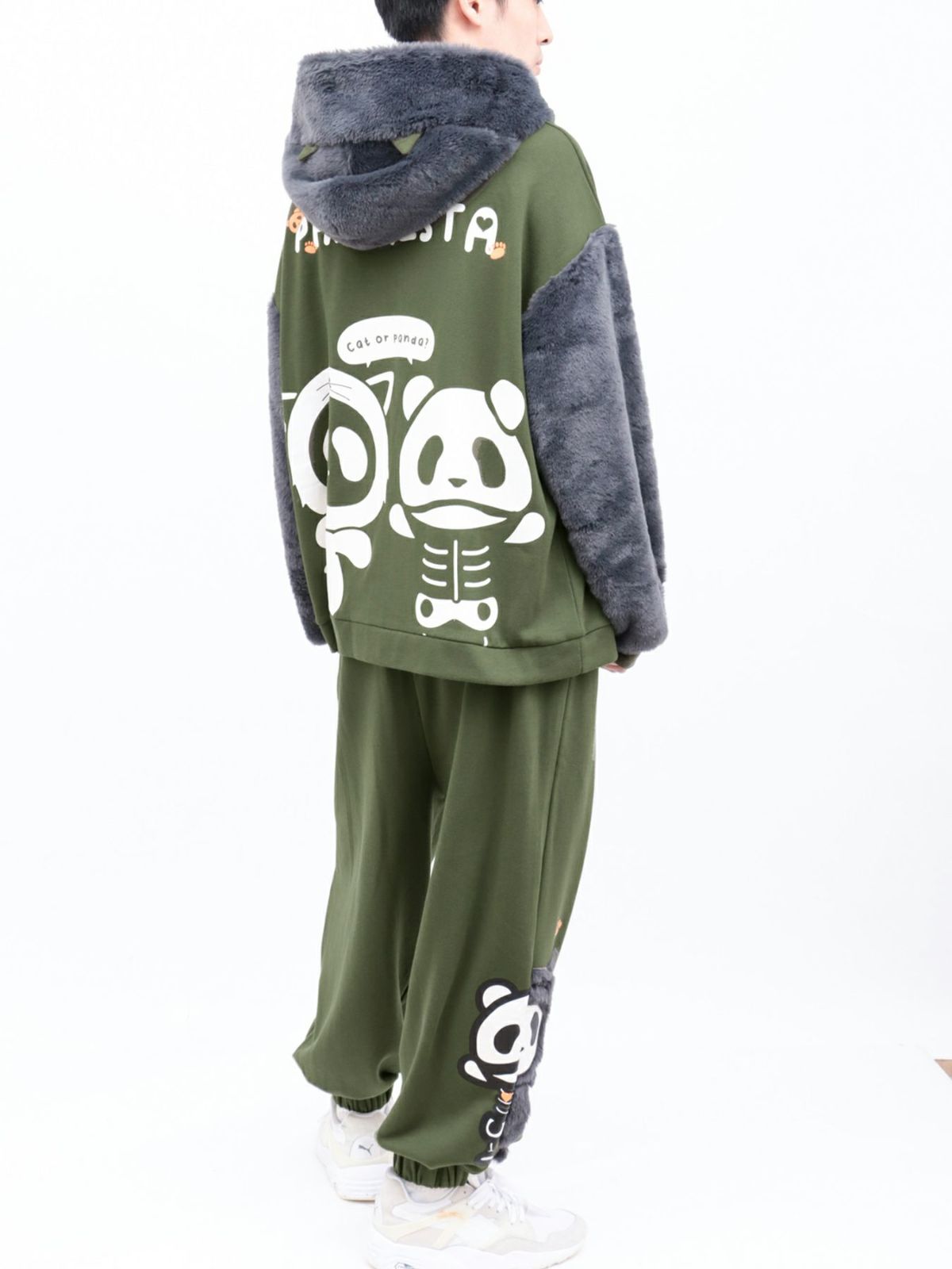【PANDIESTA JAPAN】“ネコパンダハーフBONES”フェイクファー切替スウェットパンツ