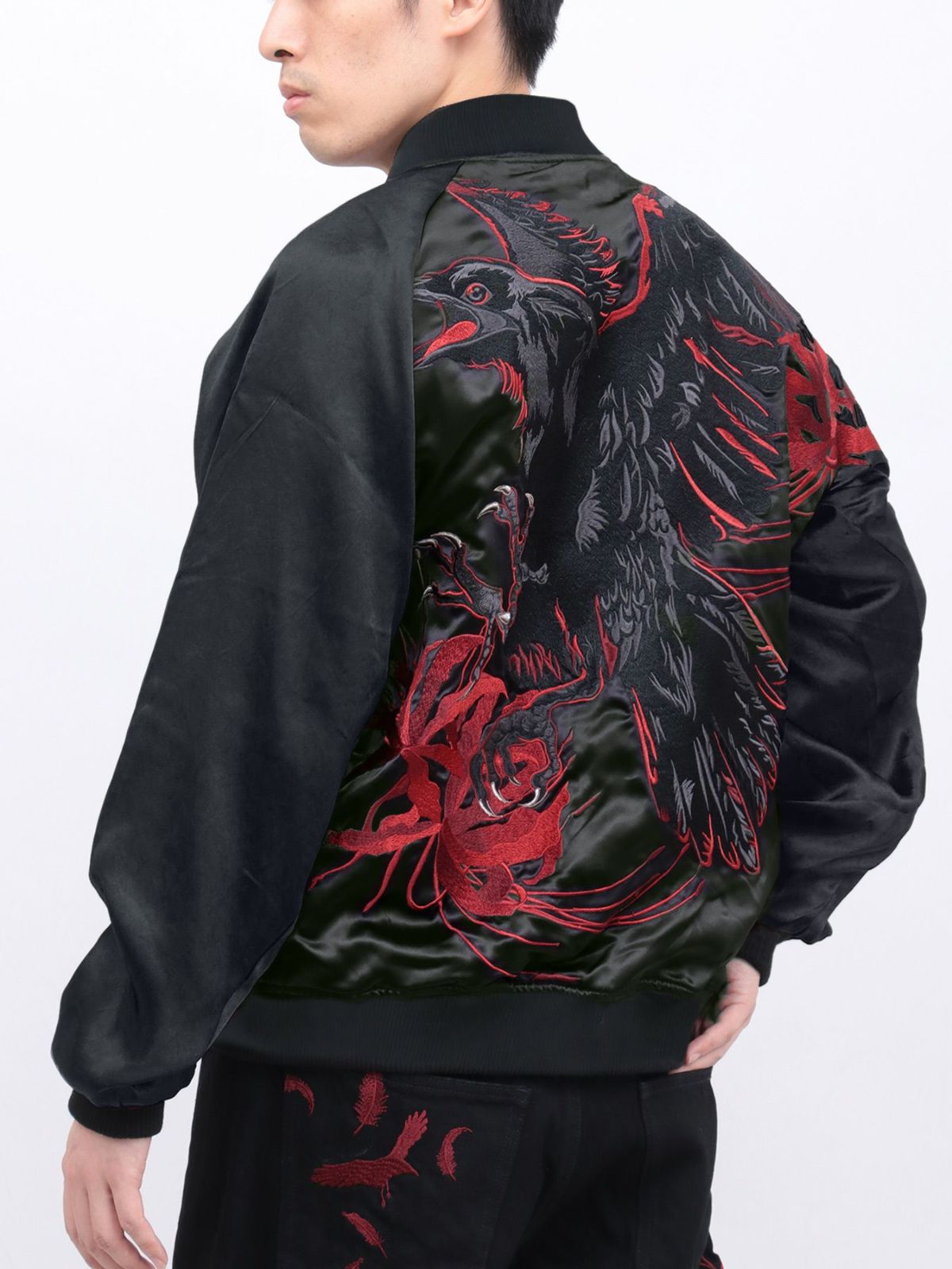 【絡繰魂・漆】“八咫烏と彼岸花”総刺繍リバーシブルスカジャン〔別注〕