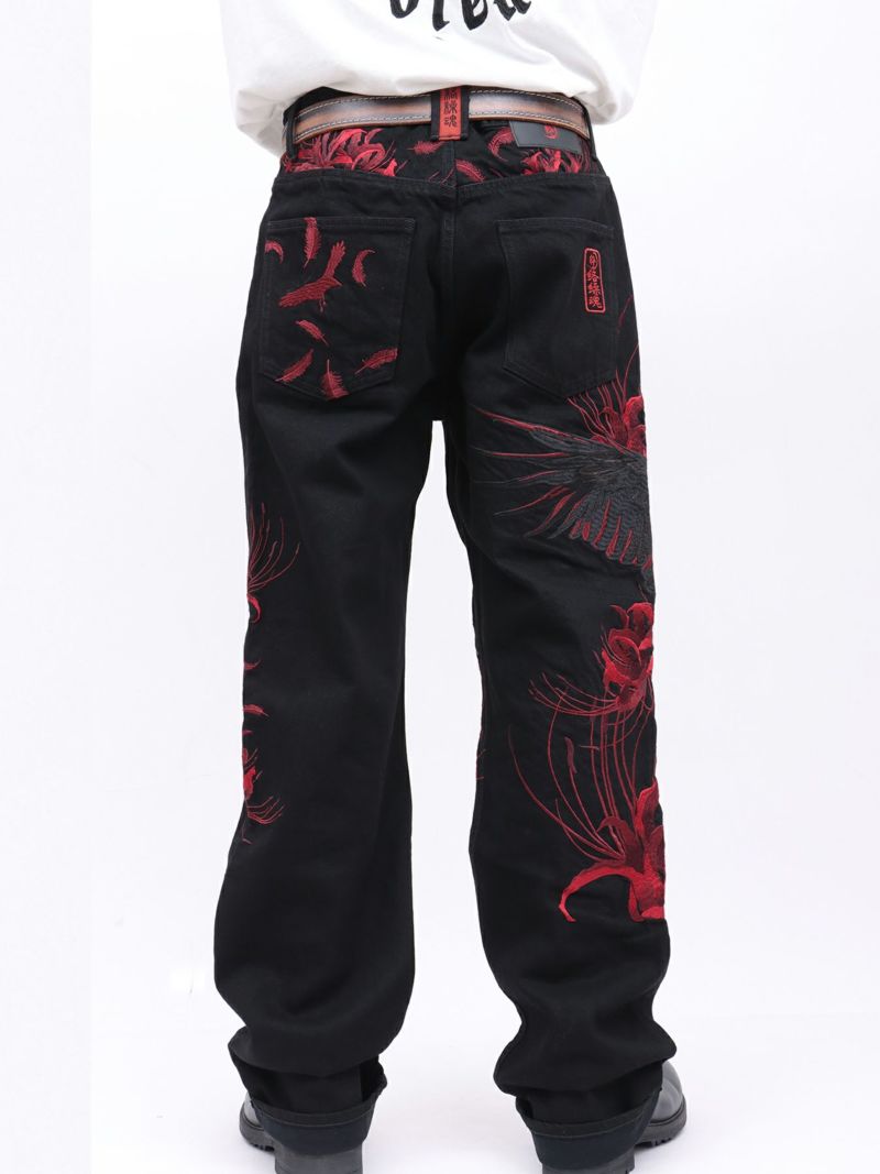 【絡繰魂・粋】“八咫烏と彼岸花”総刺繍デニムパンツ〔別注〕