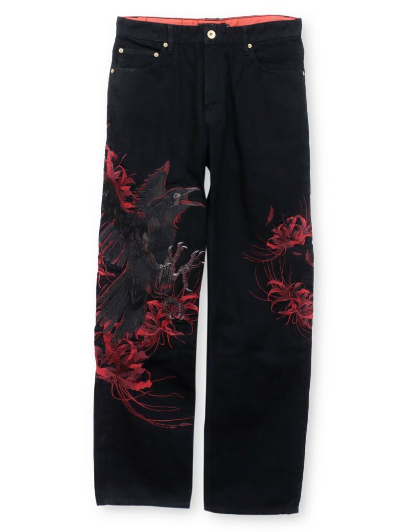 【絡繰魂・粋】“八咫烏と彼岸花”総刺繍デニムパンツ〔別注〕