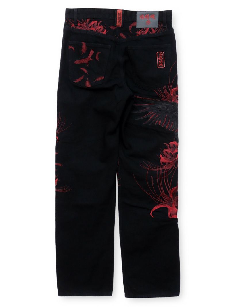 【絡繰魂・粋】“八咫烏と彼岸花”総刺繍デニムパンツ〔別注〕
