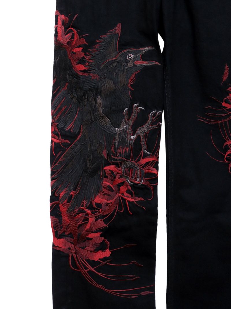 【絡繰魂・粋】“八咫烏と彼岸花”総刺繍デニムパンツ〔別注〕