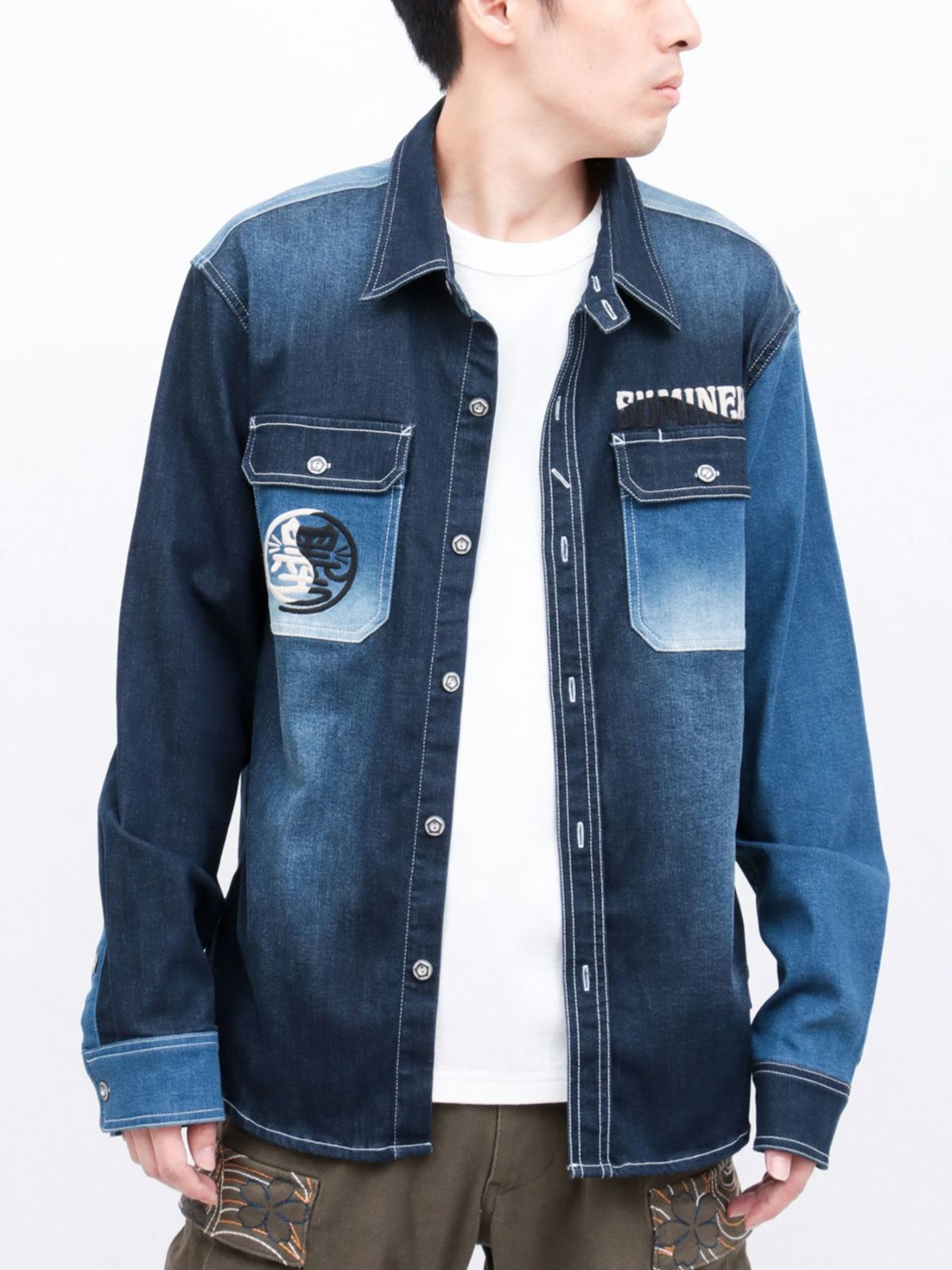 【SUMINEKO】“YIN YANG CAT”総刺繍 切替ストレッチデニムシャツ