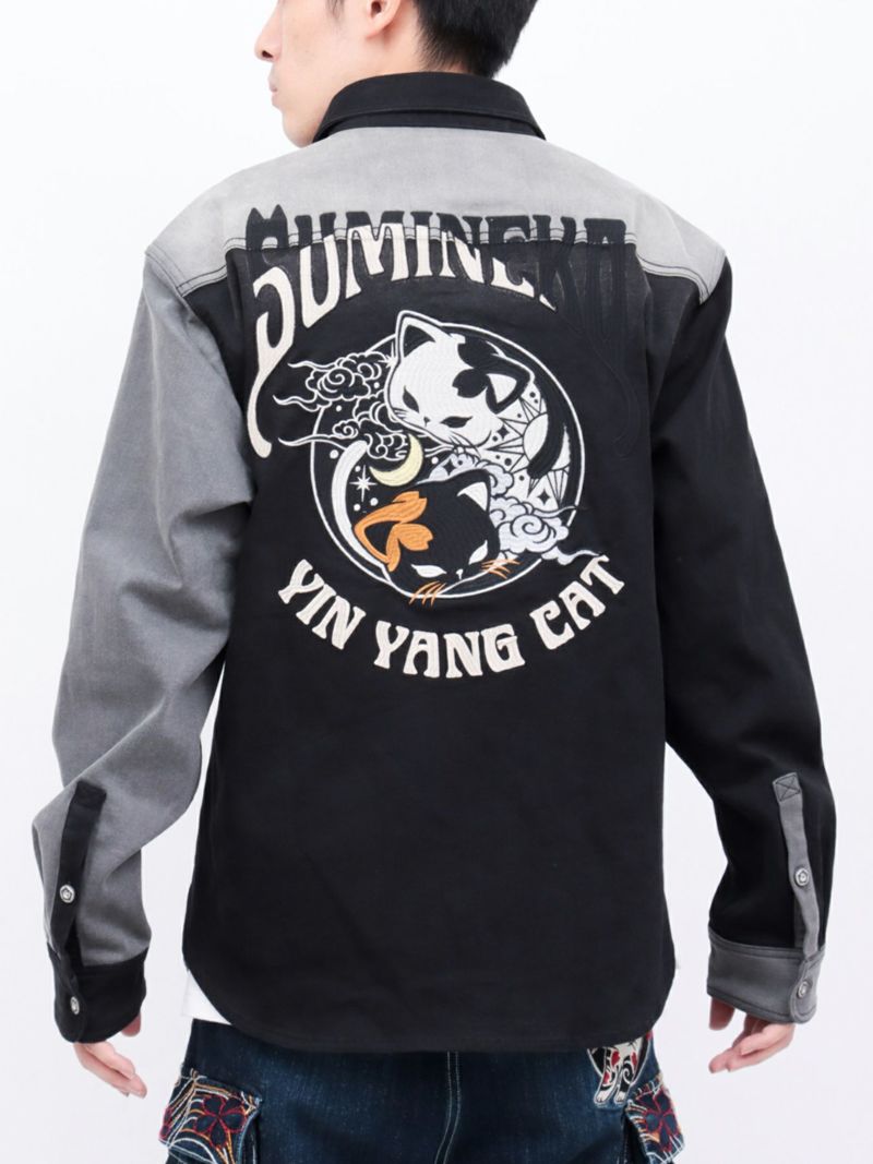 【SUMINEKO】“YIN YANG CAT”総刺繍 切替ストレッチデニムシャツ