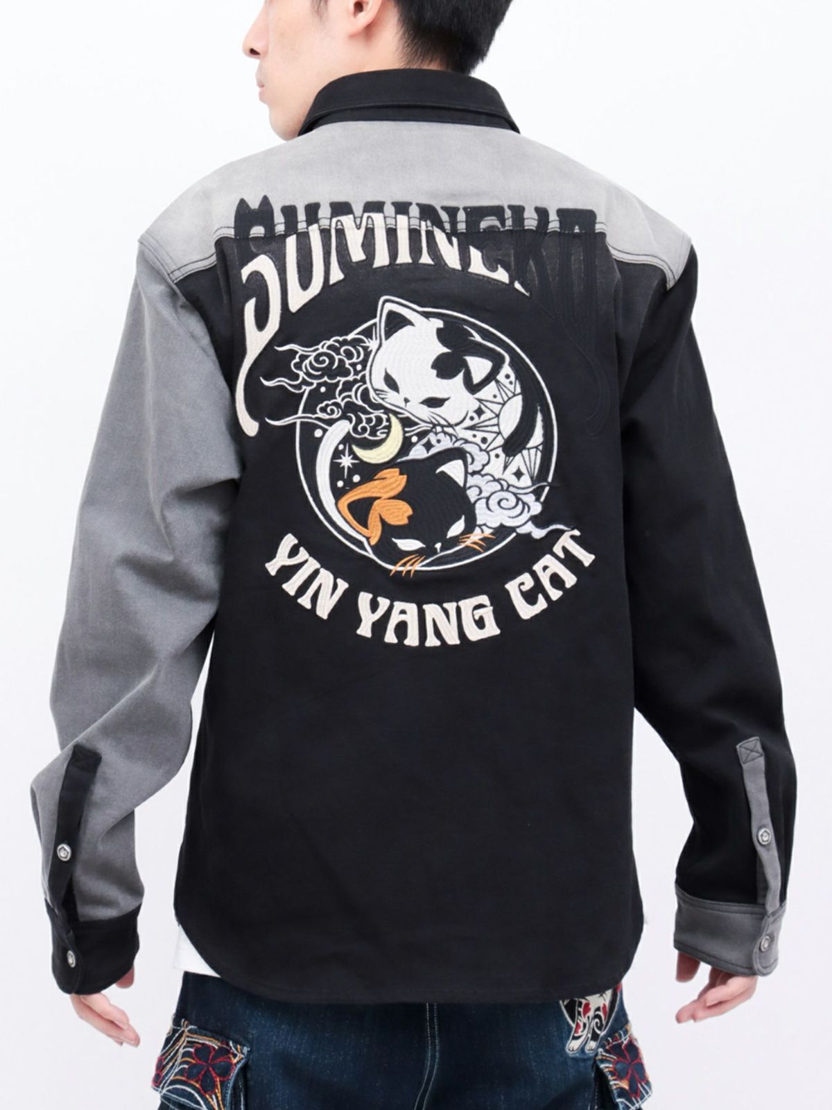 【SUMINEKO】“YIN YANG CAT”総刺繍 切替ストレッチデニムシャツ