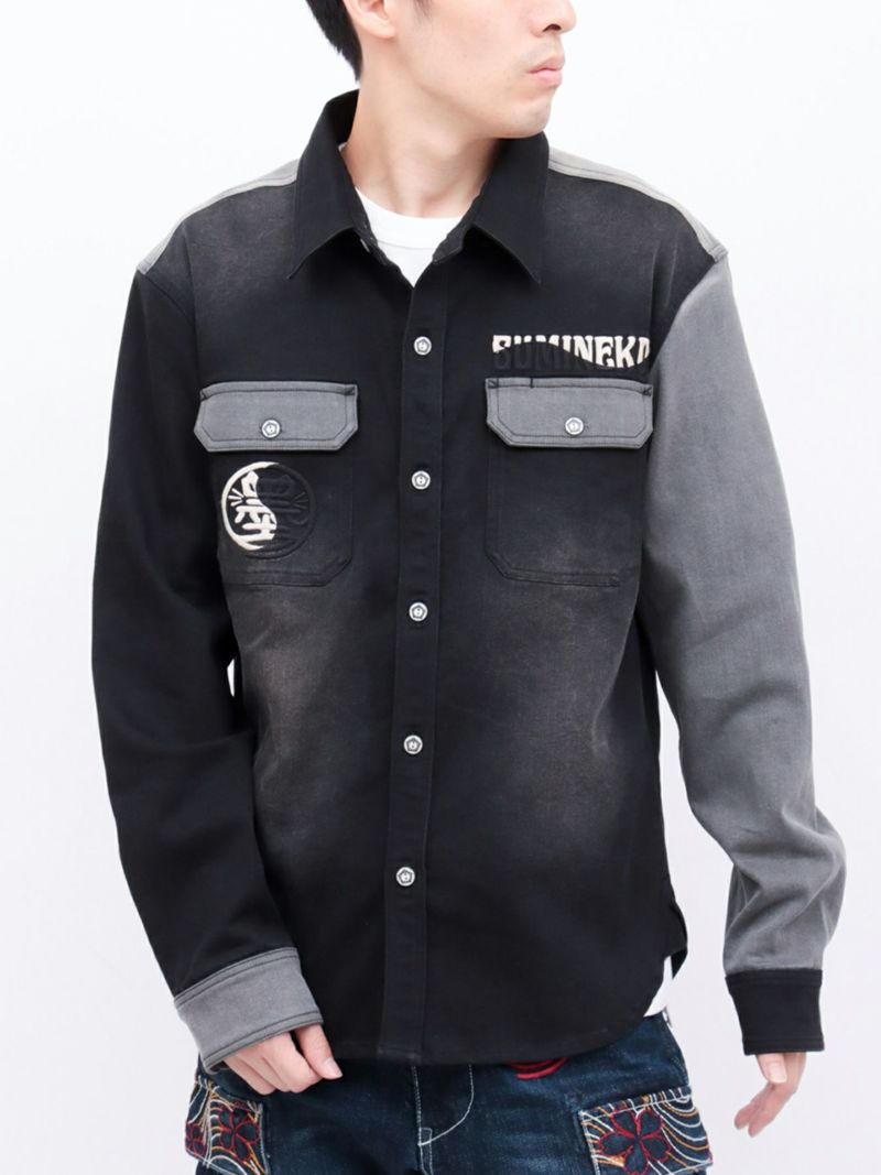 【SUMINEKO】“YIN YANG CAT”総刺繍 切替ストレッチデニムシャツ