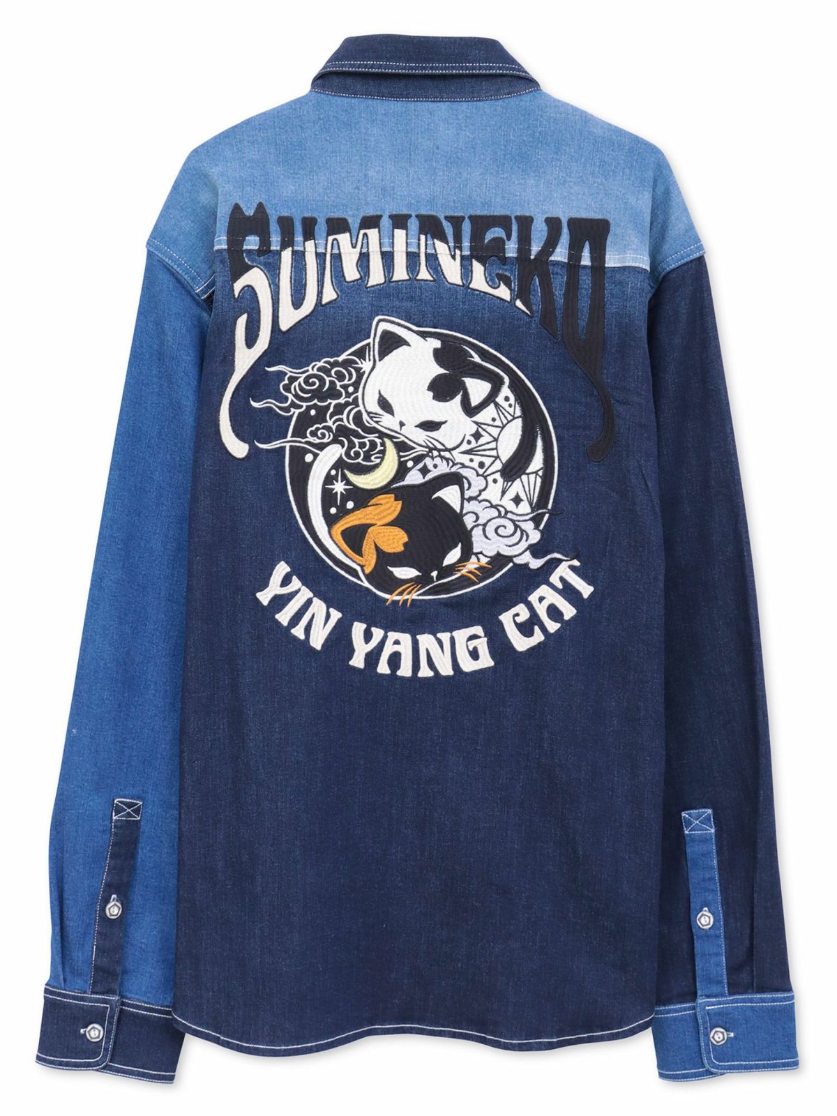 【SUMINEKO】“YIN YANG CAT”総刺繍 切替ストレッチデニムシャツ