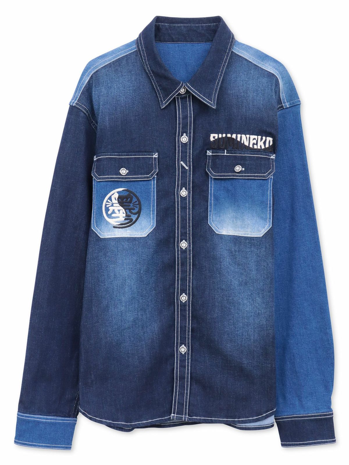 【SUMINEKO】“YIN YANG CAT”総刺繍 切替ストレッチデニムシャツ