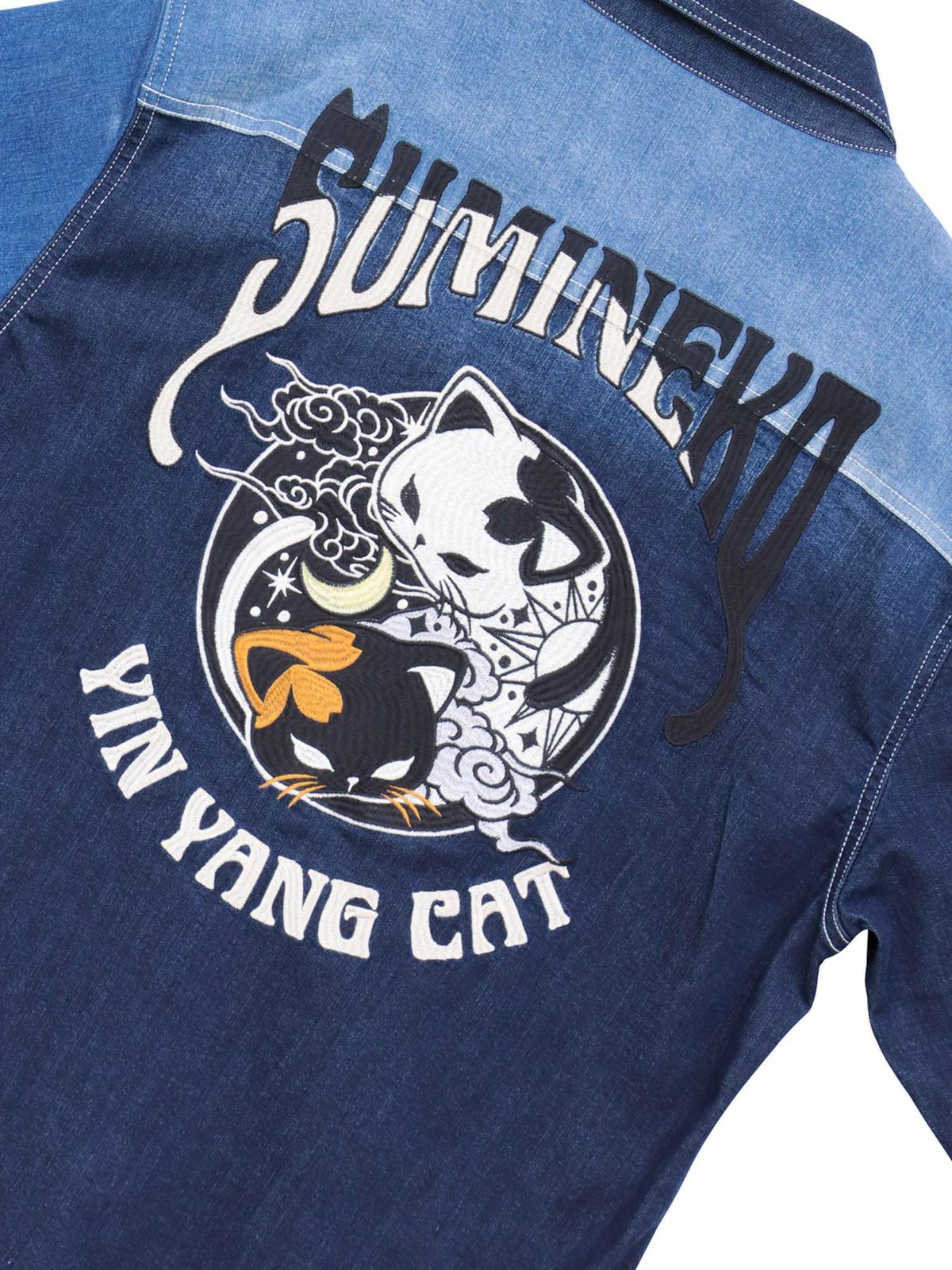 【SUMINEKO】“YIN YANG CAT”総刺繍 切替ストレッチデニムシャツ