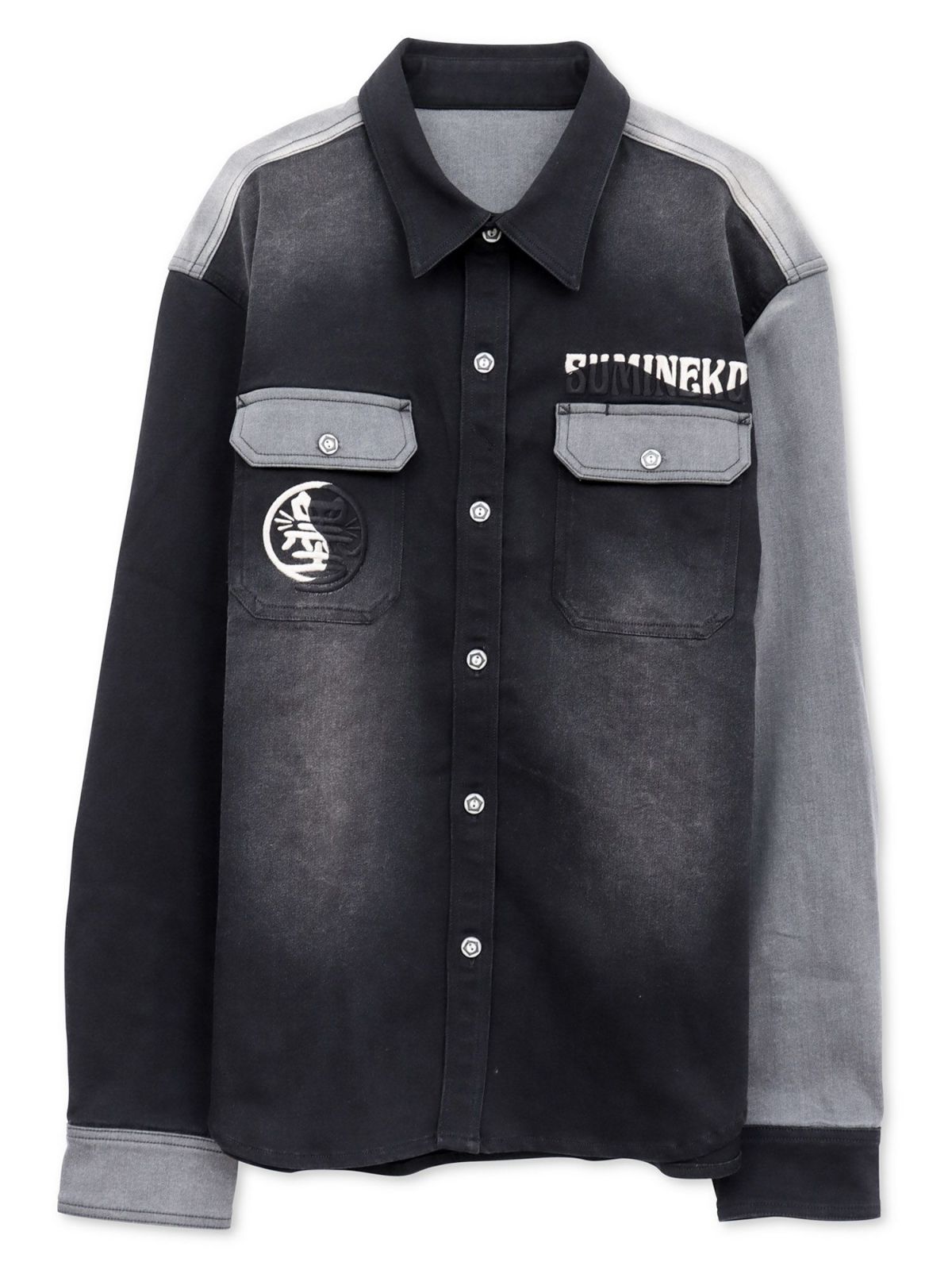 【SUMINEKO】“YIN YANG CAT”総刺繍 切替ストレッチデニムシャツ