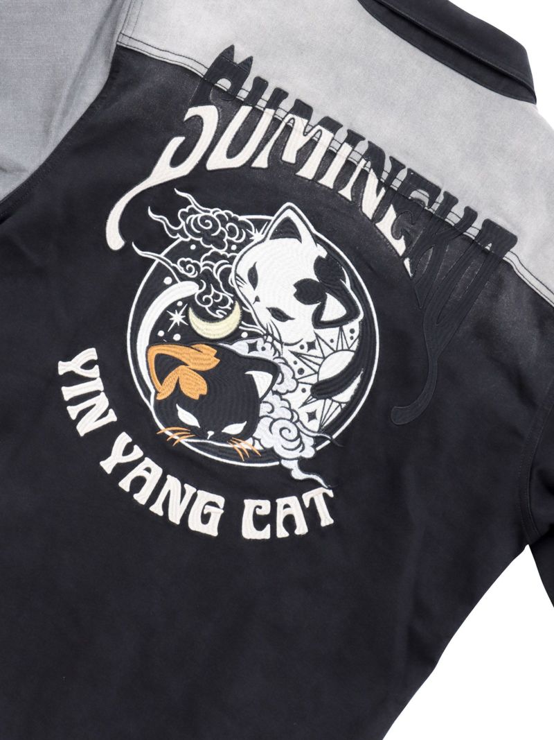 【SUMINEKO】“YIN YANG CAT”総刺繍 切替ストレッチデニムシャツ