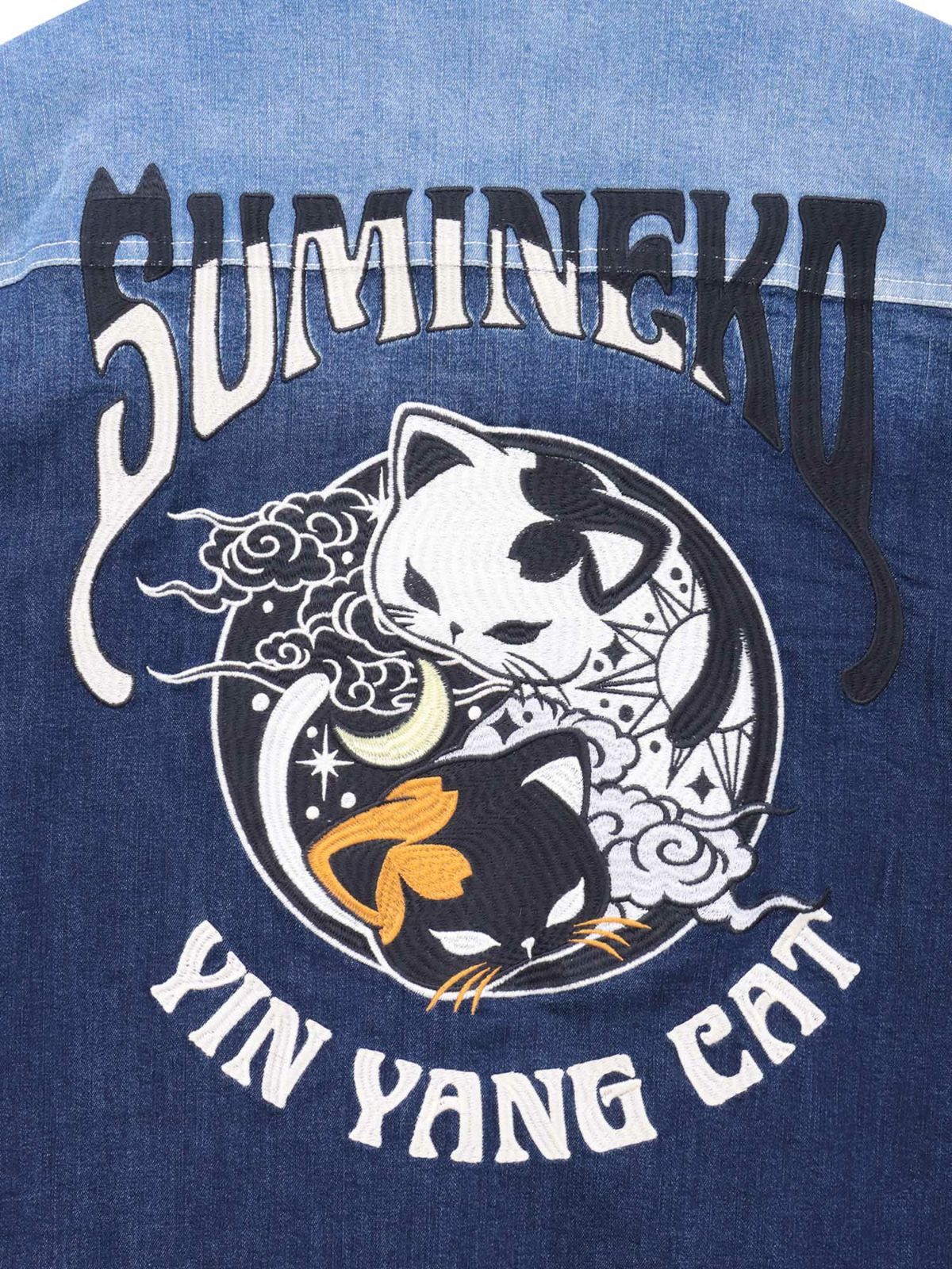 【SUMINEKO】“YIN YANG CAT”総刺繍 切替ストレッチデニムシャツ