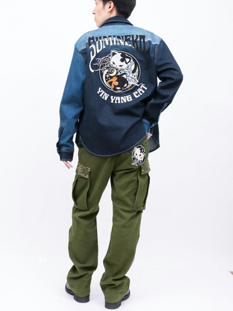 【SUMINEKO】“YIN YANG CAT”総刺繍 切替ストレッチデニムシャツ
