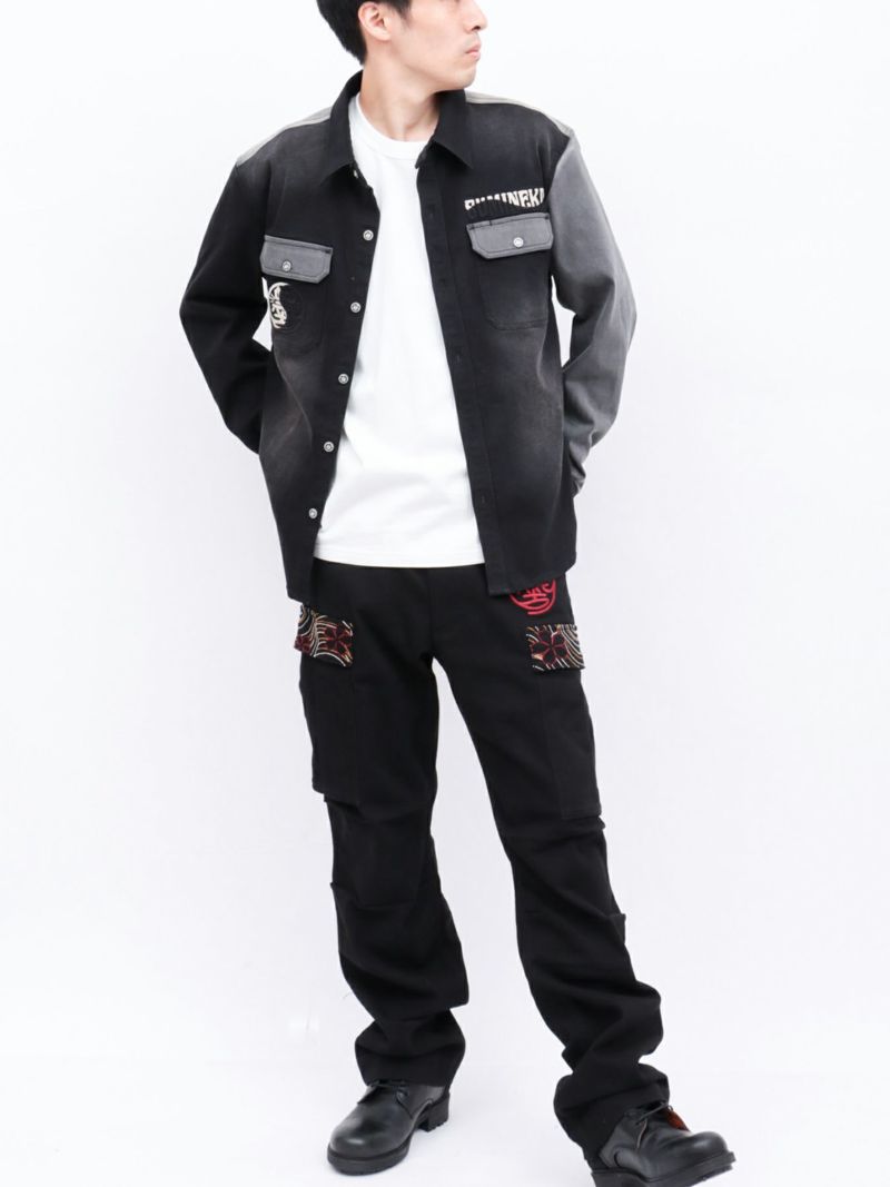 【SUMINEKO】“YIN YANG CAT”総刺繍 切替ストレッチデニムシャツ