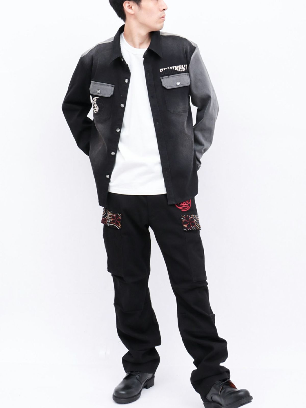 【SUMINEKO】“YIN YANG CAT”総刺繍 切替ストレッチデニムシャツ