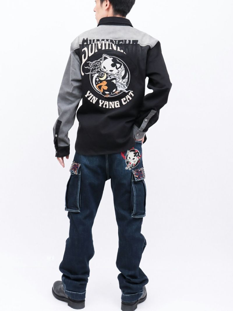 【SUMINEKO】“YIN YANG CAT”総刺繍 切替ストレッチデニムシャツ