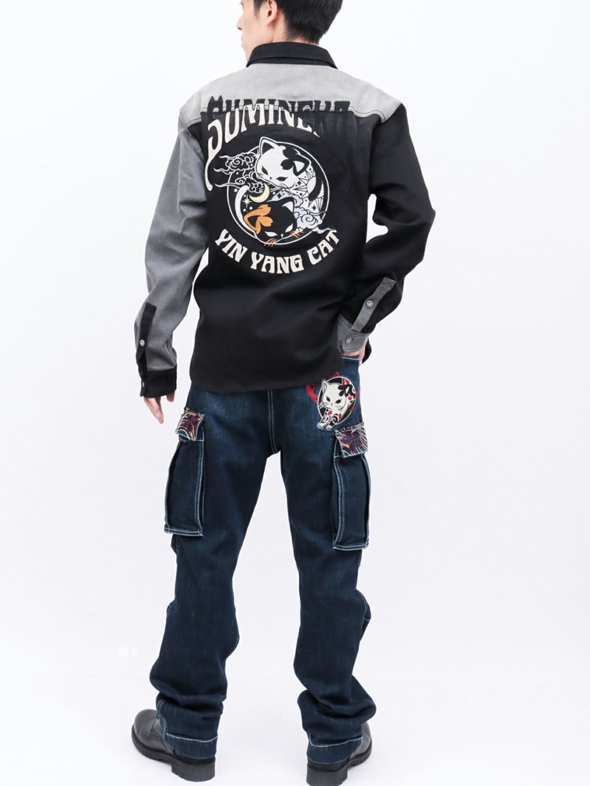 【SUMINEKO】“YIN YANG CAT”総刺繍 切替ストレッチデニムシャツ